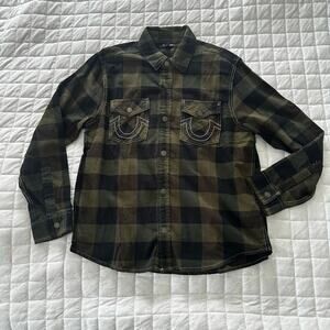 TRUE RELIGION Mens Shirt Brushed Flannel Shacket Green Black Plaid Graphic LARGE